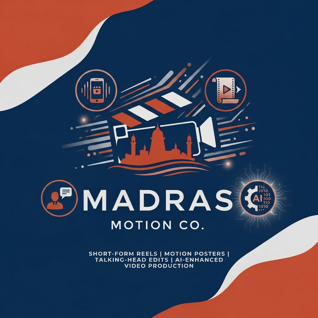 AI Design for MADRAS MOTION CO create a logo the services we provide are Short-form reels
Motion posters
Talking-head edits
Corporate videos
AI-enhanced video production