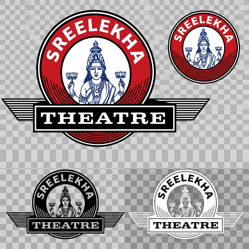 AI Design for Recreate the uploaded Sree Lekha Theatre logo as a clean professional vector logo.
Requirements:
* Replicate the original logo layout exactly.
* Maintain the circular red emblem.
* Preserve the Lakshmi goddess illustration in the center.
* Keep the wing-like horizontal striped elements extending on both sides.
* Keep the rectangular black banner across the middle.
* Maintain the original proportions and geometry.
Design Style:
* Convert the logo into a modern vector format.
* Clean sharp edges.
* Perfect symmetry.
* Consistent line weights.
* Professional brand-quality finish.
* Suitable for websites, print, signage, business cards, and social media.
Colors:
* Red: rich cinema red
* Black: deep black
* White: pure white
* Blue: traditional royal blue for the Lakshmi illustration
Typography:
Top Arc:
"SREELEKHA"
Bottom Banner:
"THEATRE"
Typography should match the original logo as closely as possible while being professionally redrawn.
Output Requirements:
* SVG vector format
* Transparent background
* Icon-only version
* Full logo version
* Monochrome black version
* Monochrome white version
* High-resolution branding version
Important:
Do not redesign or modernize the concept.
Do not change the goddess illustration.
Do not simplify the emblem.
Do not change the structure.
The goal is an accurate vector recreation of the original Sree Lekha Theatre logo with professional quality and clean scalable geometry.