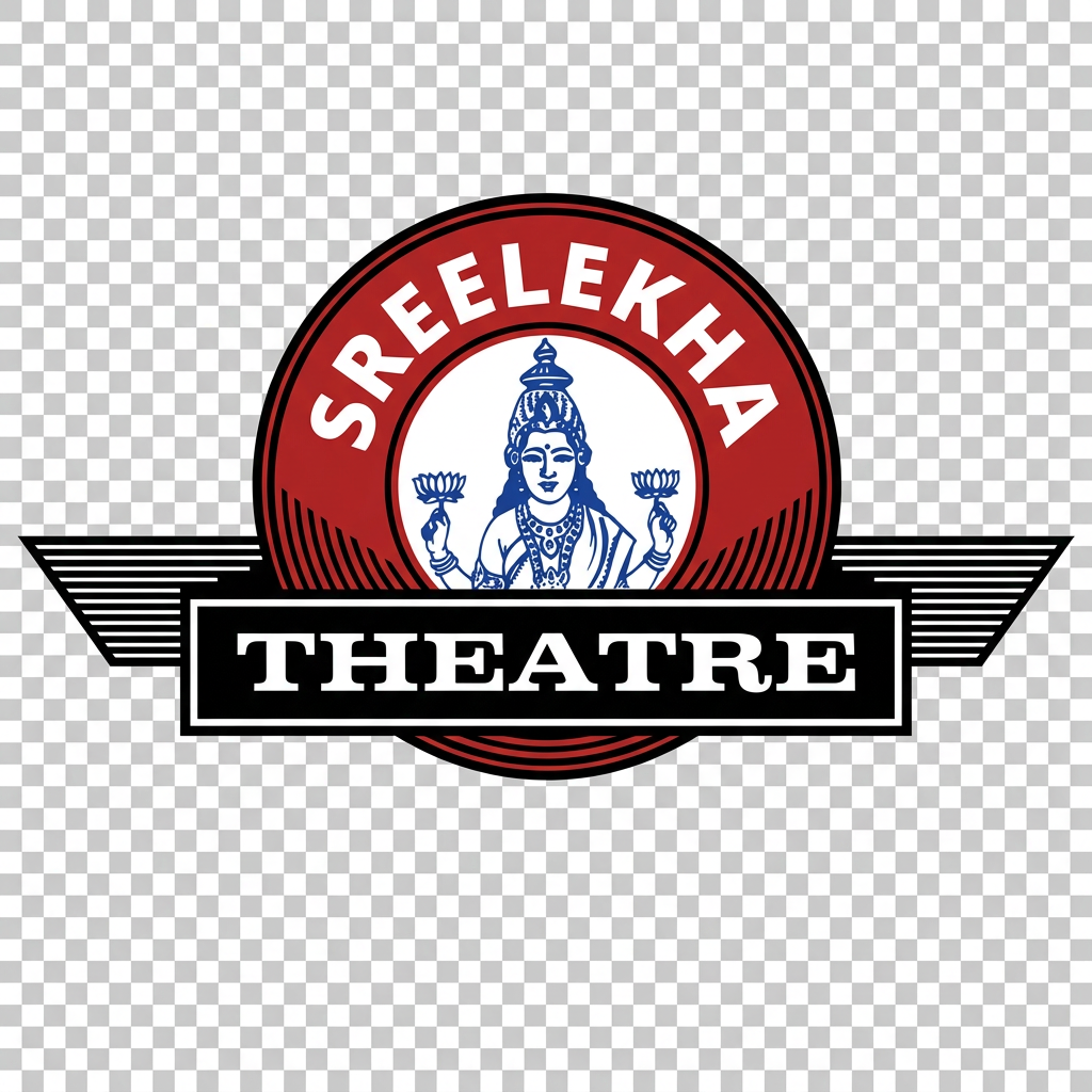 AI Design for Recreate the uploaded Sree Lekha Theatre logo as a clean professional vector logo.

Requirements:

* Replicate the original logo layout exactly.
* Maintain the circular red emblem.
* Preserve the Lakshmi goddess illustration in the center.
* Keep the wing-like horizontal striped elements extending on both sides.
* Keep the rectangular black banner across the middle.
* Maintain the original proportions and geometry.

Design Style:

* Convert the logo into a modern vector format.
* Clean sharp edges.
* Perfect symmetry.
* Consistent line weights.
* Professional brand-quality finish.
* Suitable for websites, print, signage, business cards, and social media.

Colors:

* Red: rich cinema red
* Black: deep black
* White: pure white
* Blue: traditional royal blue for the Lakshmi illustration

Typography:

Top Arc:
"SREELEKHA"

Bottom Banner:
"THEATRE"

Typography should match the original logo as closely as possible while being professionally redrawn.

Output Requirements:


* Transparent background
* Icon-only version
* Exact Same dimension as the original

Important:

Do not redesign or modernize the concept.
Do not change the goddess illustration.
Do not simplify the emblem.
Do not change the structure.

The goal is an accurate vector recreation of the original Sree Lekha Theatre logo with professional quality and clean scalable geometry.