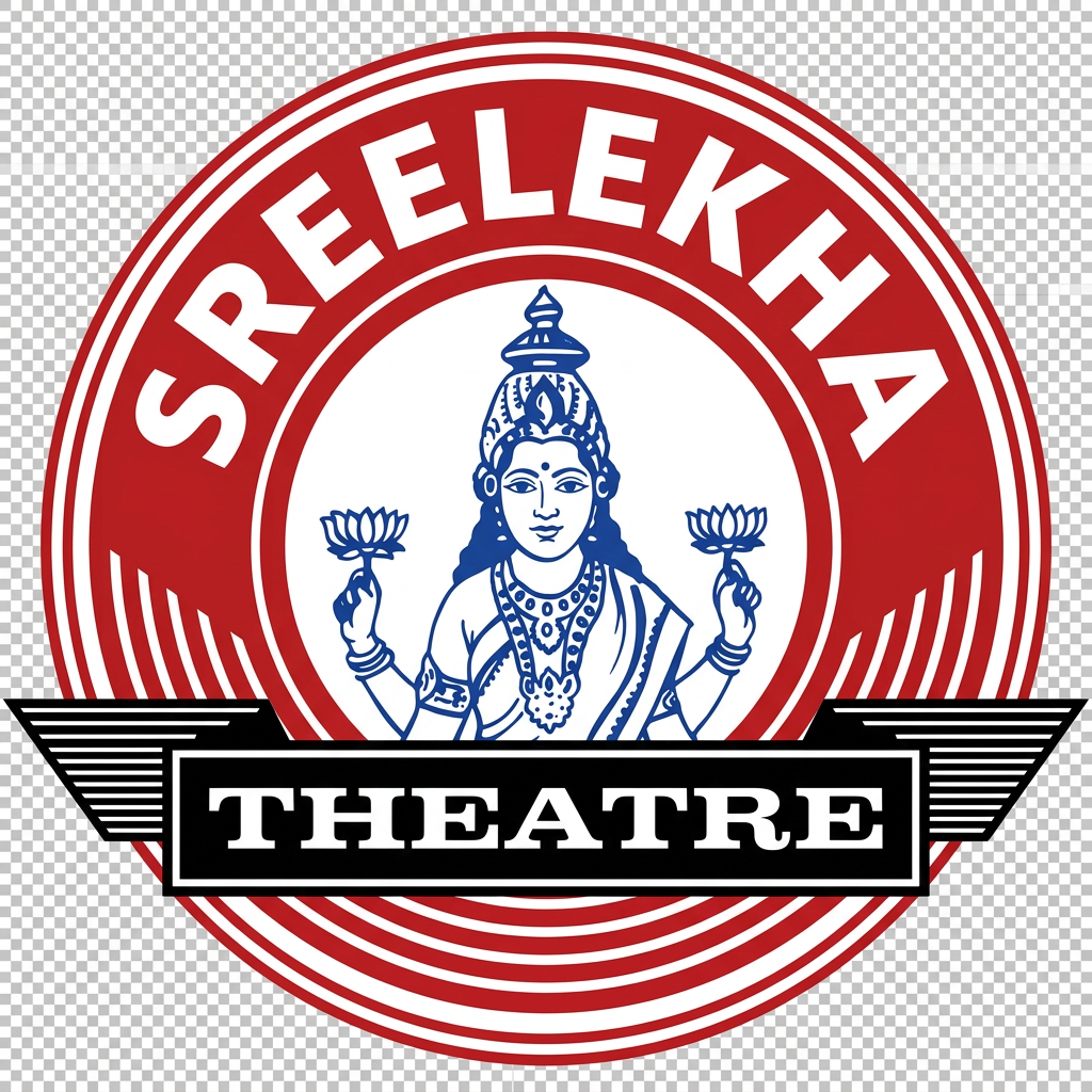 AI Design for Recreate the uploaded Sree Lekha Theatre logo as a clean professional vector logo.

Requirements:

* Replicate the original logo layout exactly.
* Maintain the circular red emblem.
* Preserve the Lakshmi goddess illustration in the center.
* Keep the wing-like horizontal striped elements extending on both sides.
* Keep the rectangular black banner across the middle.
* Maintain the original proportions and geometry.

Design Style:

* Convert the logo into a modern vector format.
* Clean sharp edges.
* Perfect symmetry.
* Consistent line weights.
* Professional brand-quality finish.
* Suitable for websites, print, signage, business cards, and social media.

Colors:

* Red: rich cinema red
* Black: deep black
* White: pure white
* Blue: traditional royal blue for the Lakshmi illustration

Typography:

Top Arc:
"SREELEKHA"

Bottom Banner:
"THEATRE"

Typography should match the original logo as closely as possible while being professionally redrawn.

Output Requirements:


* Transparent background
* Icon-only version
* Keep her eyes open 

Important:

Do not redesign or modernize the concept.
Do not change the goddess illustration.
Do not simplify the emblem.
Do not change the structure.

The goal is an accurate vector recreation of the original Sree Lekha Theatre logo with professional quality and clean scalable geometry.