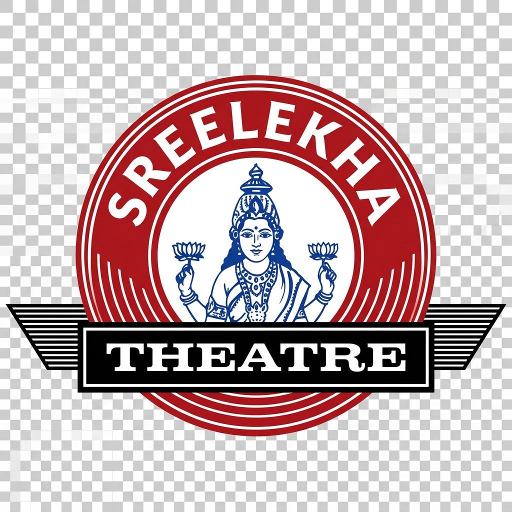 AI Design for Recreate the uploaded Sree Lekha Theatre logo as a clean professional vector logo.

Requirements:

* Replicate the original logo layout exactly.
* Maintain the circular red emblem.
* Preserve the Lakshmi goddess illustration in the center.
* Keep the wing-like horizontal striped elements extending on both sides.
* Keep the rectangular black banner across the middle.
* Maintain the original proportions and geometry.

Design Style:

* Convert the logo into a modern vector format.
* Clean sharp edges.
* Perfect symmetry.
* Consistent line weights.
* Professional brand-quality finish.
* Suitable for websites, print, signage, business cards, and social media.

Colors:

* Red: rich cinema red
* Black: deep black
* White: pure white
* Blue: traditional royal blue for the Lakshmi illustration

Typography:

Top Arc:
"SREELEKHA"

Bottom Banner:
"THEATRE"

Typography should match the original logo as closely as possible while being professionally redrawn.

Output Requirements:


* Transparent background
* Icon-only version
* Keep her eyes open 

Important:

Do not redesign or modernize the concept.
Do not change the goddess illustration.
Do not simplify the emblem.
Do not change the structure.

The goal is an accurate vector recreation of the original Sree Lekha Theatre logo with professional quality and clean scalable geometry.