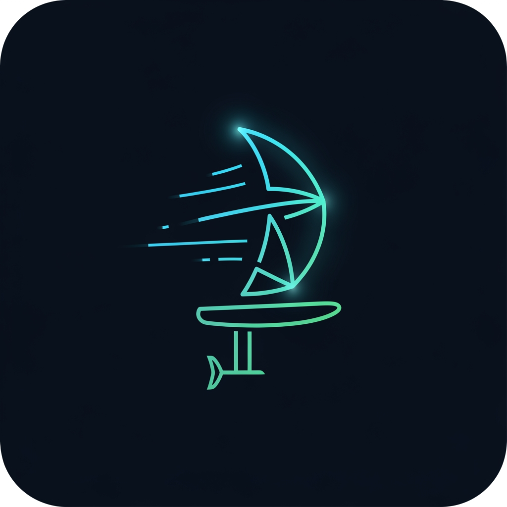 AI Design for Minimalist app icon logo, dark deep ocean background (#06141f), a glowing wind kite or sail silhouette built from thin neon cyan and teal lines, bioluminescent glow effect, small foil board shape beneath it, clean geometric style, slight gradient from cyan (#00e5ff) to seafoam green (#00ffd5), subtle light rays or wind streaks radiating outward, square format with rounded corners, no text, flat vector aesthetic with a hint of depth, ultra modern, premium fintech-meets-watersports vibe
create me a logo