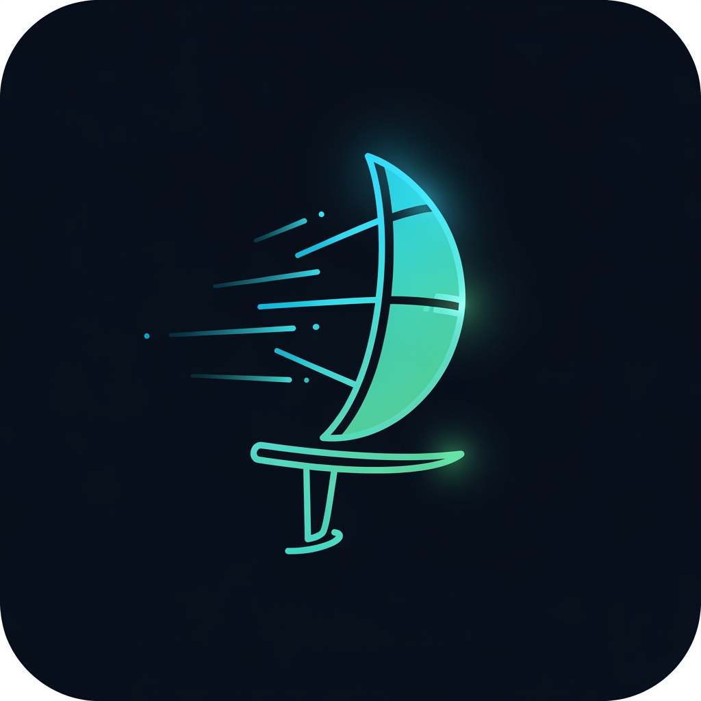 AI Design for Minimalist app icon logo, dark deep ocean background (#06141f), a glowing wind kite or sail silhouette built from thin neon cyan and teal lines, bioluminescent glow effect, small foil board shape beneath it, clean geometric style, slight gradient from cyan (#00e5ff) to seafoam green (#00ffd5), subtle light rays or wind streaks radiating outward, square format with rounded corners, no text, flat vector aesthetic with a hint of depth, ultra modern, premium fintech-meets-watersports vibe
create me a logo