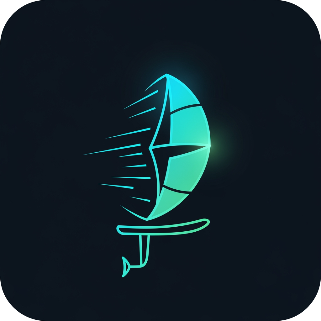 AI Design for Minimalist app icon logo, dark deep ocean background (#06141f), a glowing wind kite or sail silhouette built from thin neon cyan and teal lines, bioluminescent glow effect, small foil board shape beneath it, clean geometric style, slight gradient from cyan (#00e5ff) to seafoam green (#00ffd5), subtle light rays or wind streaks radiating outward, square format with rounded corners, no text, flat vector aesthetic with a hint of depth, ultra modern, premium fintech-meets-watersports vibe
create me a logo