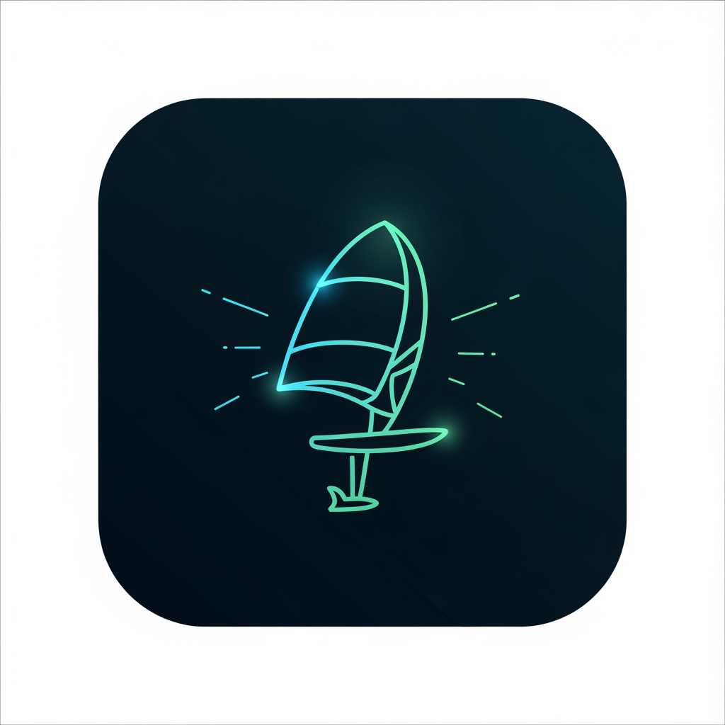 AI Design for Minimalist app icon logo, dark deep ocean background (#06141f), a glowing wind kite or sail silhouette built from thin neon cyan and teal lines, bioluminescent glow effect, small foil board shape beneath it, clean geometric style, slight gradient from cyan (#00e5ff) to seafoam green (#00ffd5), subtle light rays or wind streaks radiating outward, square format with rounded corners, no text, flat vector aesthetic with a hint of depth, ultra modern, premium fintech-meets-watersports vibe
create me a logo