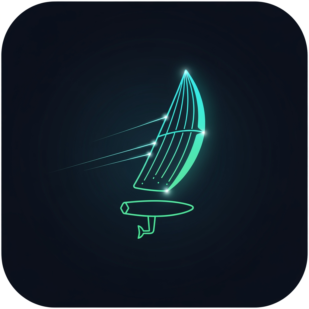 AI Design for Minimalist app icon logo, dark deep ocean background (#06141f), a glowing wind kite or sail silhouette built from thin neon cyan and teal lines, bioluminescent glow effect, small foil board shape beneath it, clean geometric style, slight gradient from cyan (#00e5ff) to seafoam green (#00ffd5), subtle light rays or wind streaks radiating outward, square format with rounded corners, no text, flat vector aesthetic with a hint of depth, ultra modern, premium fintech-meets-watersports vibe
create me a logo