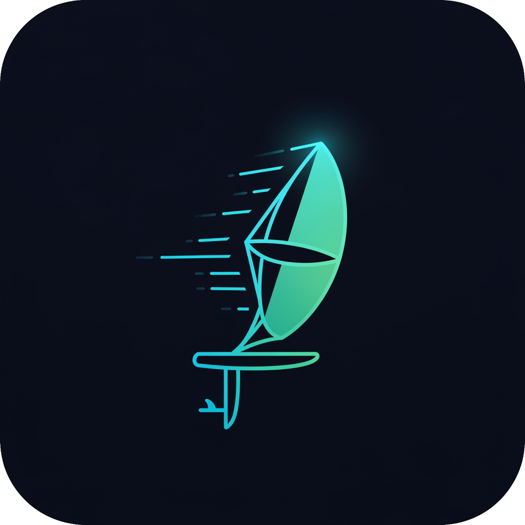 AI Design for Minimalist app icon logo, dark deep ocean background (#06141f), a glowing wind kite or sail silhouette built from thin neon cyan and teal lines, bioluminescent glow effect, small foil board shape beneath it, clean geometric style, slight gradient from cyan (#00e5ff) to seafoam green (#00ffd5), subtle light rays or wind streaks radiating outward, square format with rounded corners, no text, flat vector aesthetic with a hint of depth, ultra modern, premium fintech-meets-watersports vibe
create me a logo
