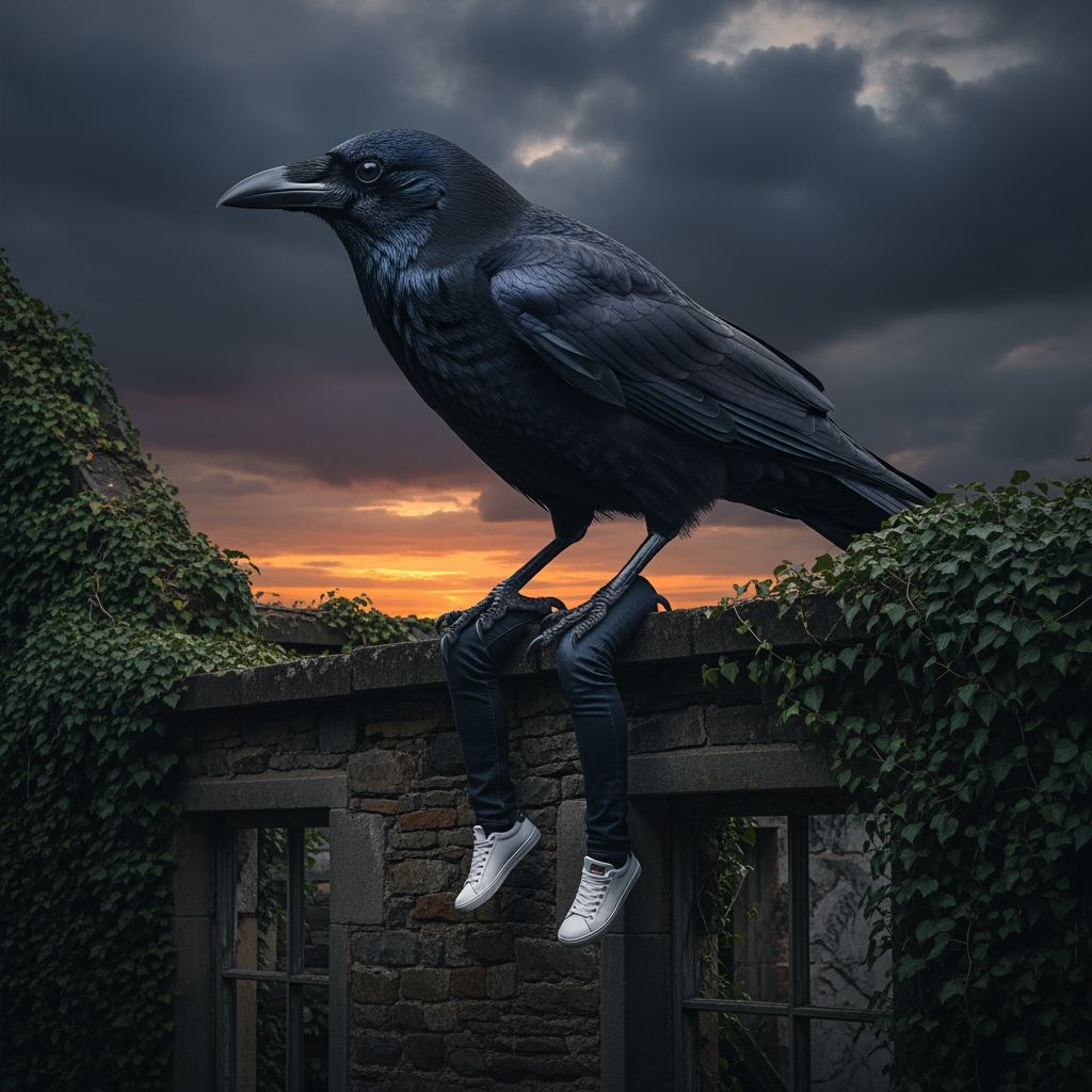 AI Design for crow sitting on buidling with human legs