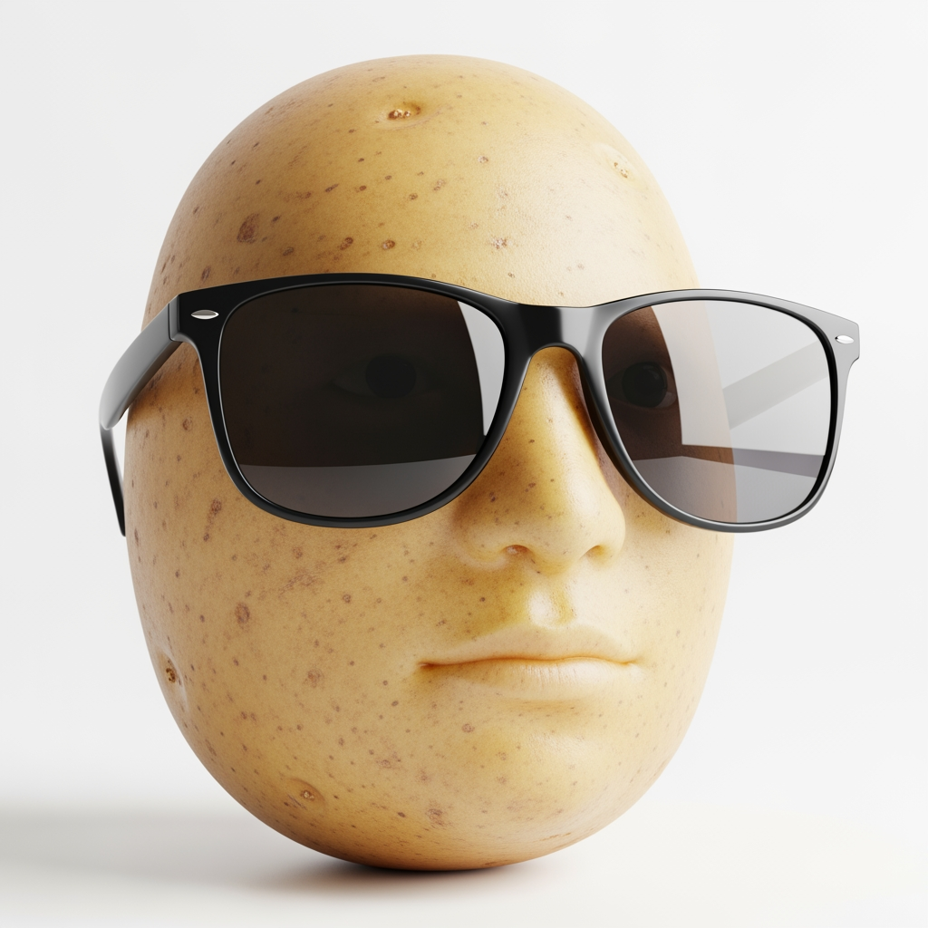 AI Design for hyperealistic photo of potato with sunglasses,neutral facial expressions,white background