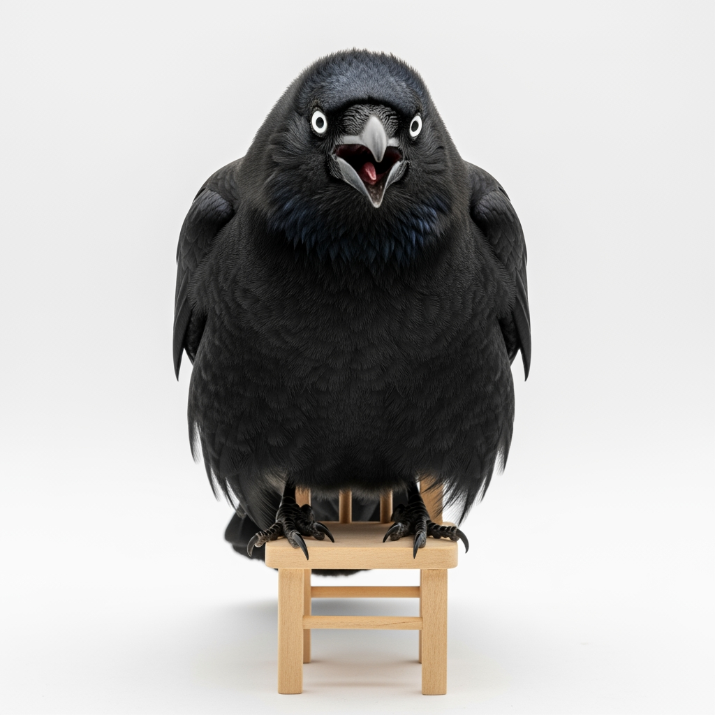 AI Design for hyperrealistic photo of Fat crow with belly rolls sitting on chair white background infornt of camera