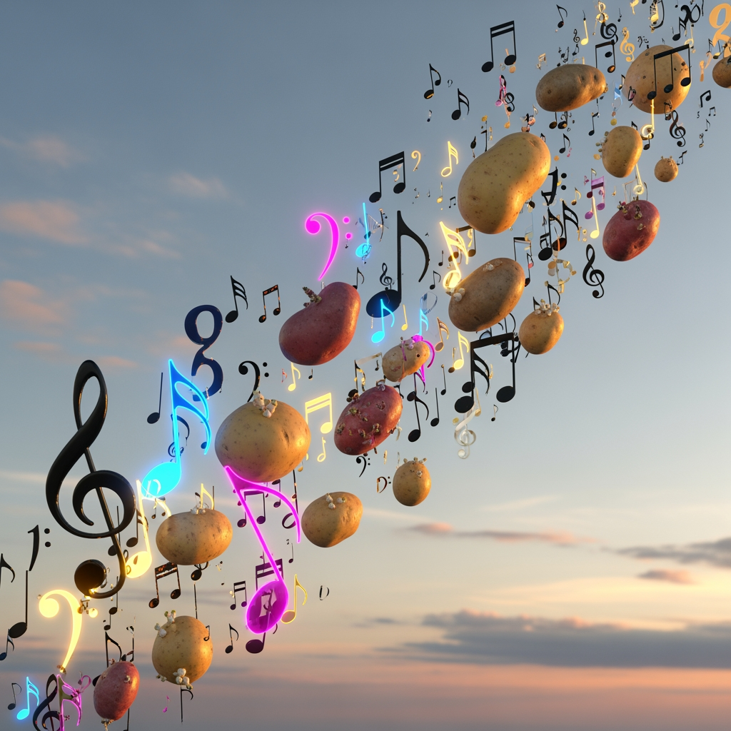 AI Design for 2048×1152 flying music notes and potatos flying