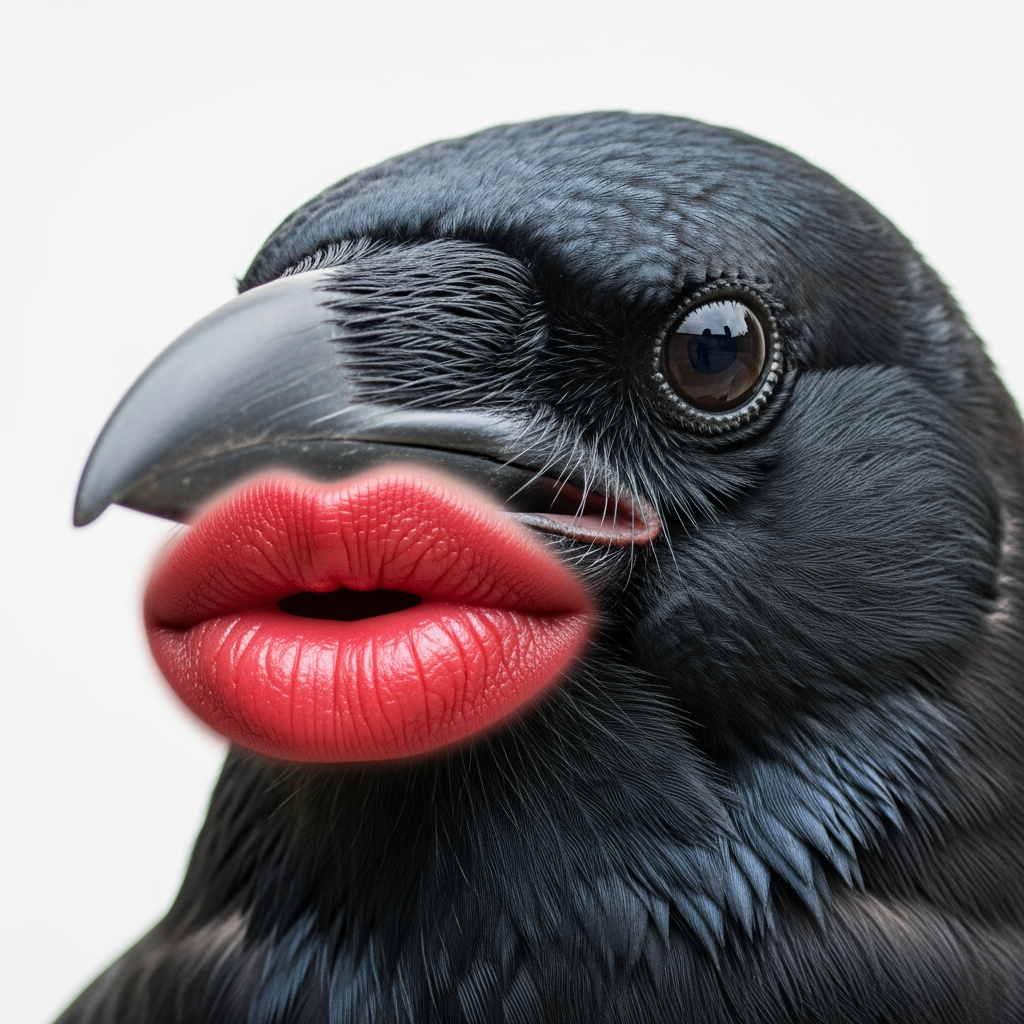 AI Design for hyperrealistic photo of crow head with big lips instead of beacon white backgorund