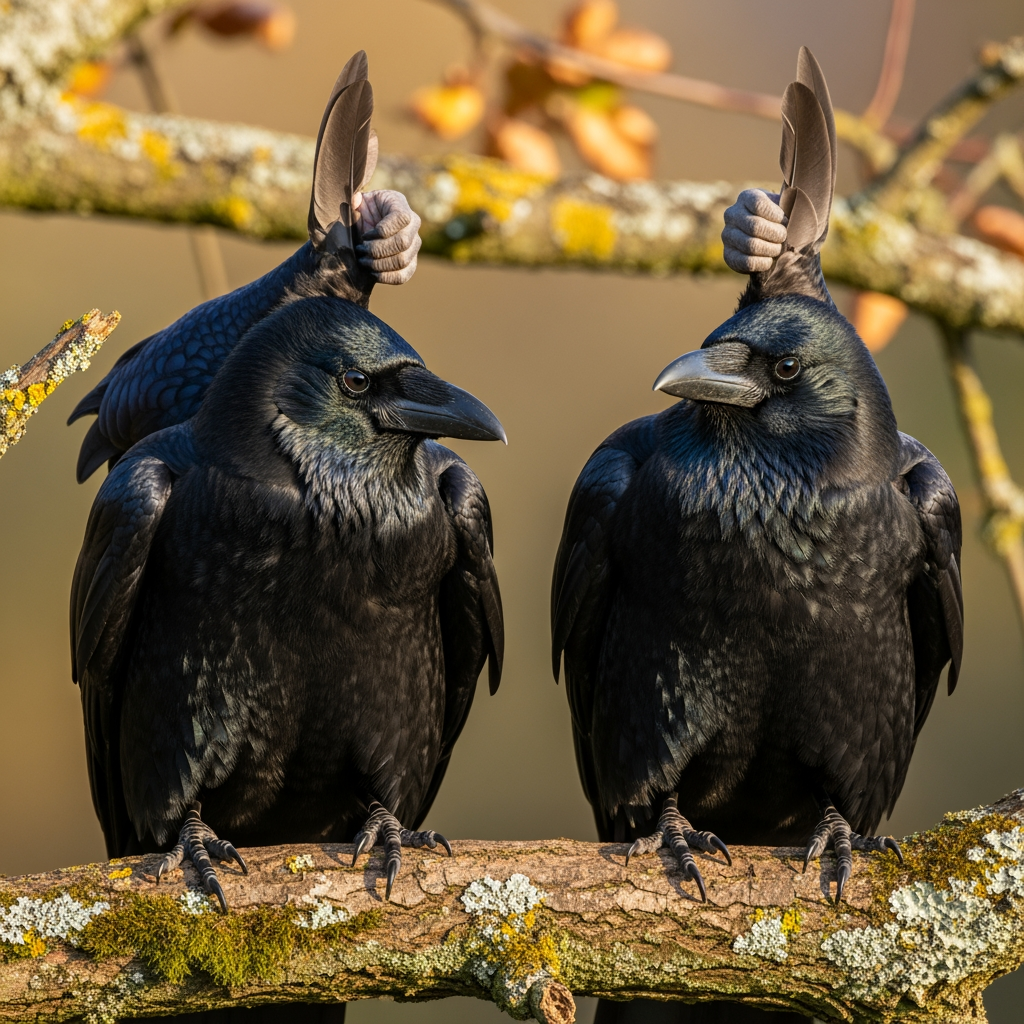 AI Design for photo of 2 crow hyper realistic holding thumbs up,realistic not ai