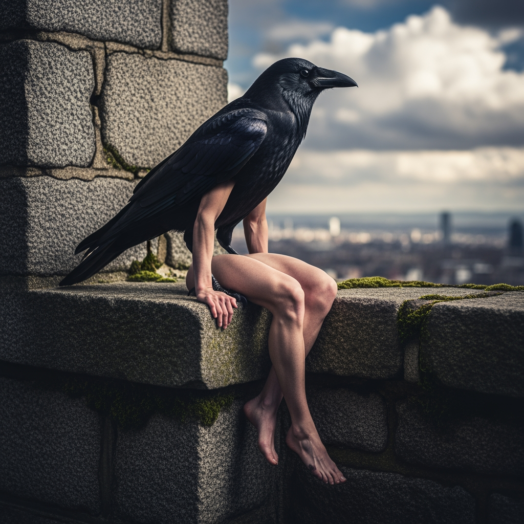AI Design for crow sitting on buidling with human legs