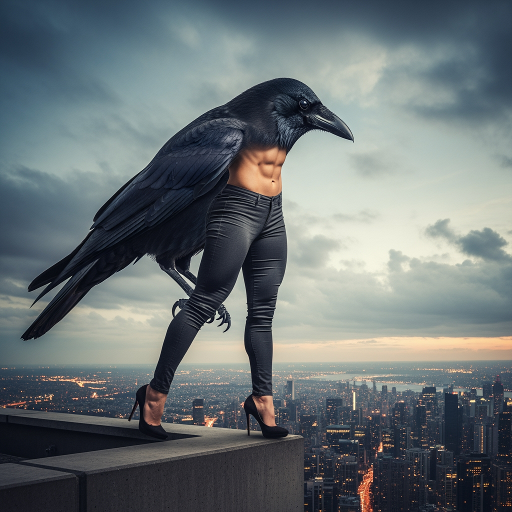 AI Design for crow sitting on buidling with human legs AND TORSO SUPER MASCULINE LEGS WITH FEMININE STYLE OVERLOOKING CITY