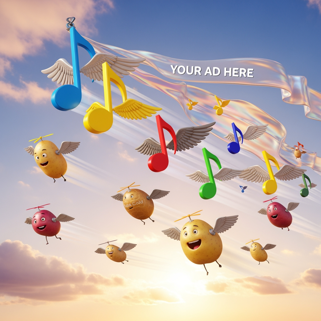 AI Design for 2048×1152 flying music notes and potatos flying advertisment