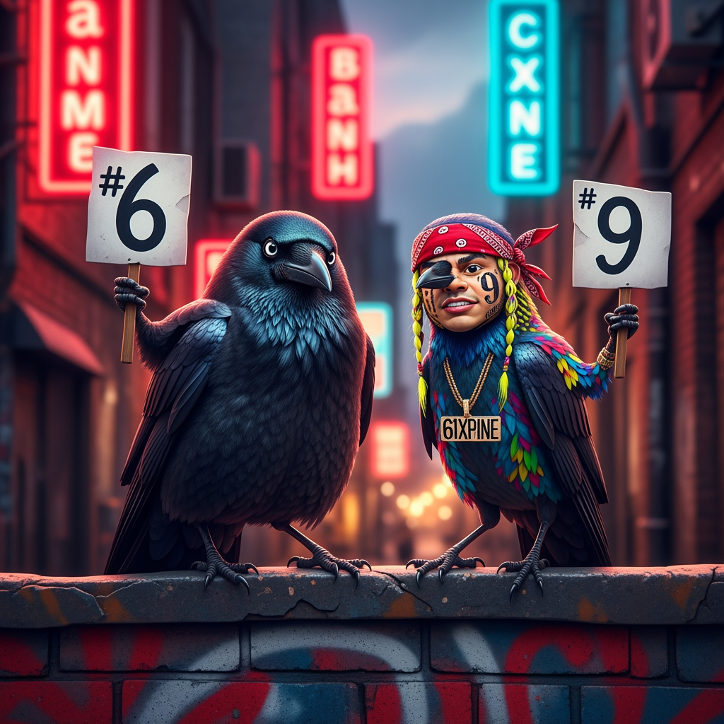 AI Design for photo of 2 crows holding gangs signs one is fat and other one is in 69tekashi vibes