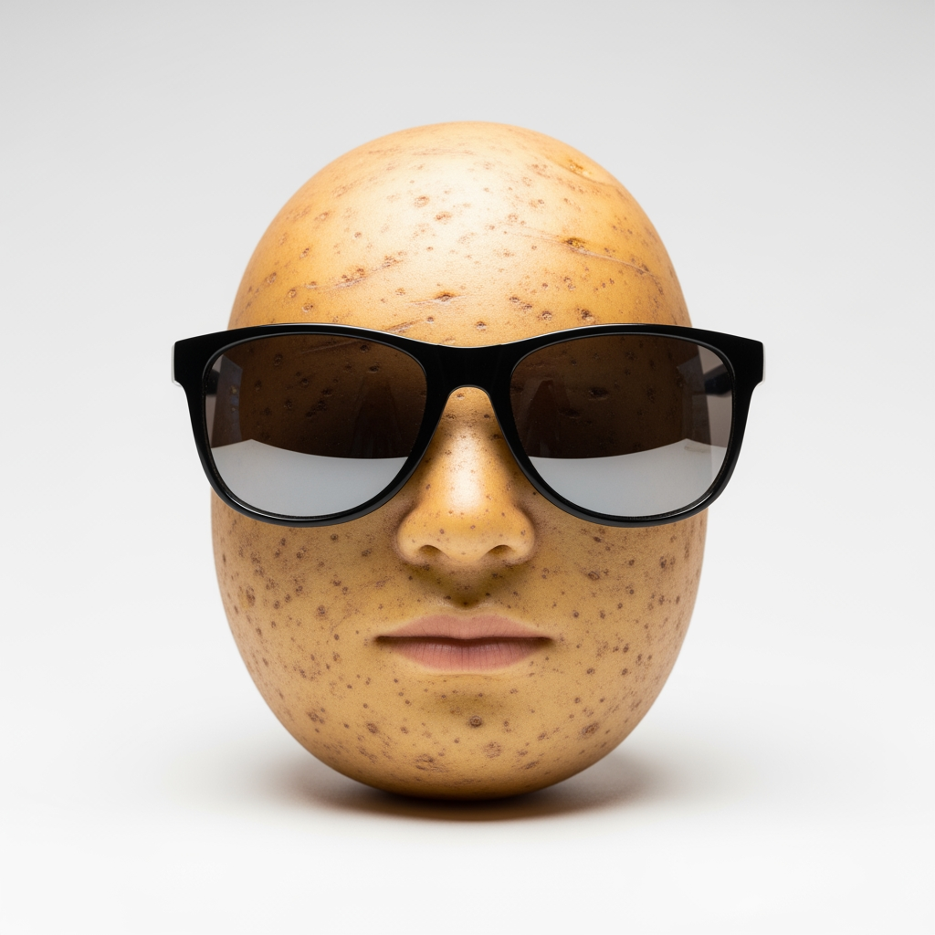 AI Design for hyperealistic photo of potato with sunglasses,neutral facial expressions,white background