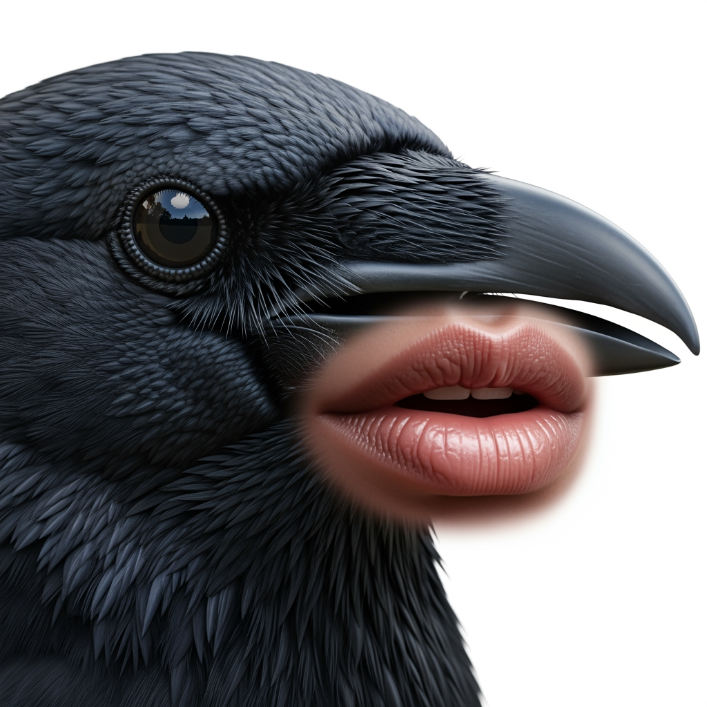 AI Design for hyperrealistic photo of crow head with big lips white backgorund