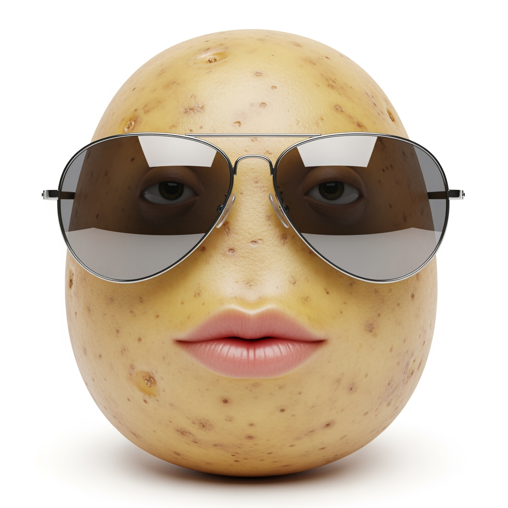 AI Design for hyperealistic photo of potato with sunglasses,neutral facial expressions,white background,big lips,realistic potato