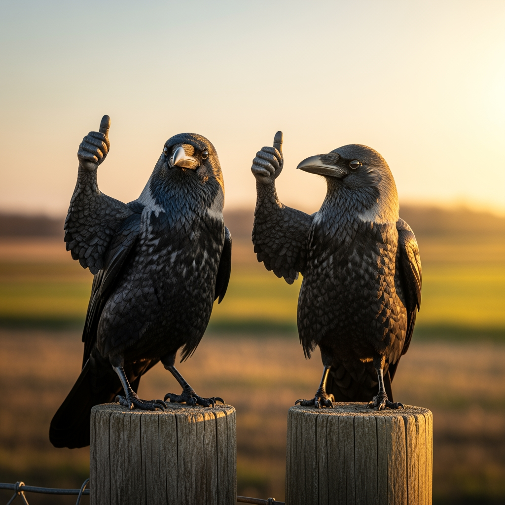 AI Design for photo of 2 crow hyper realistic holding thumbs up