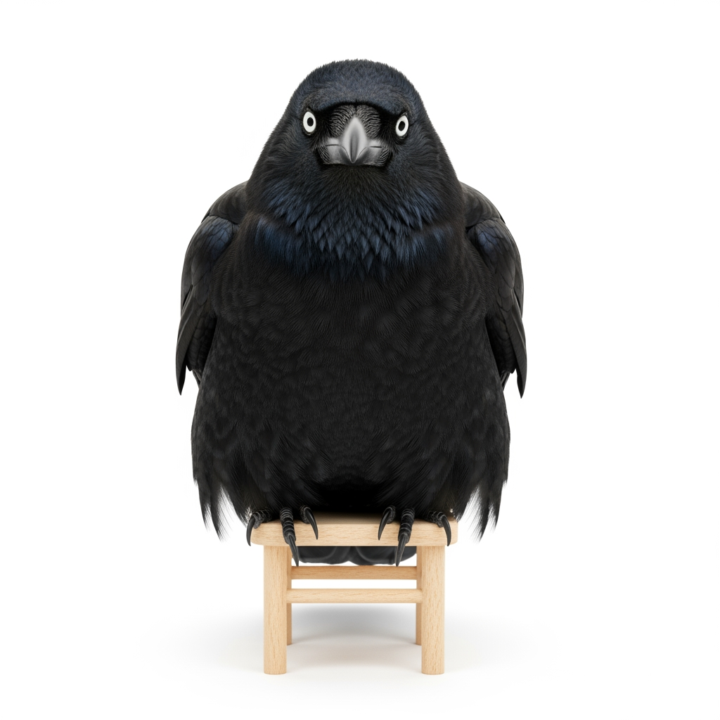 AI Design for hyperrealistic photo of Fat crow with belly rolls sitting on chair white background infornt of camera
