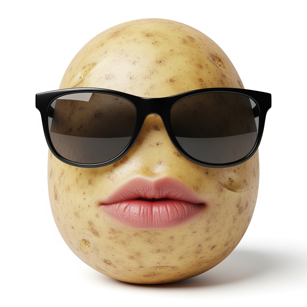 AI Design for hyperealistic photo of potato with sunglasses,neutral facial expressions,white background,big lips,realistic potato