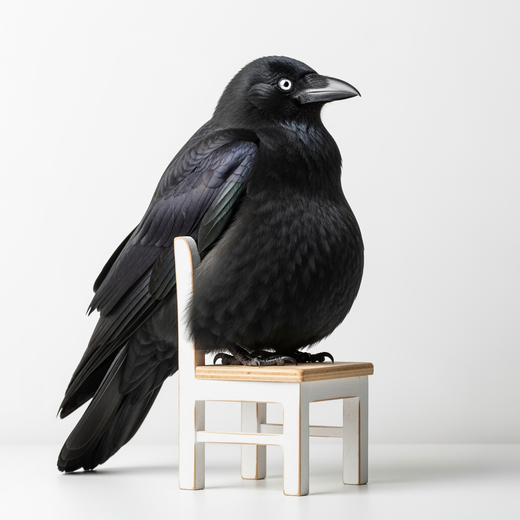 AI Design for hyperrealistic photo of Fat crow with belly rolls sitting on chair white background