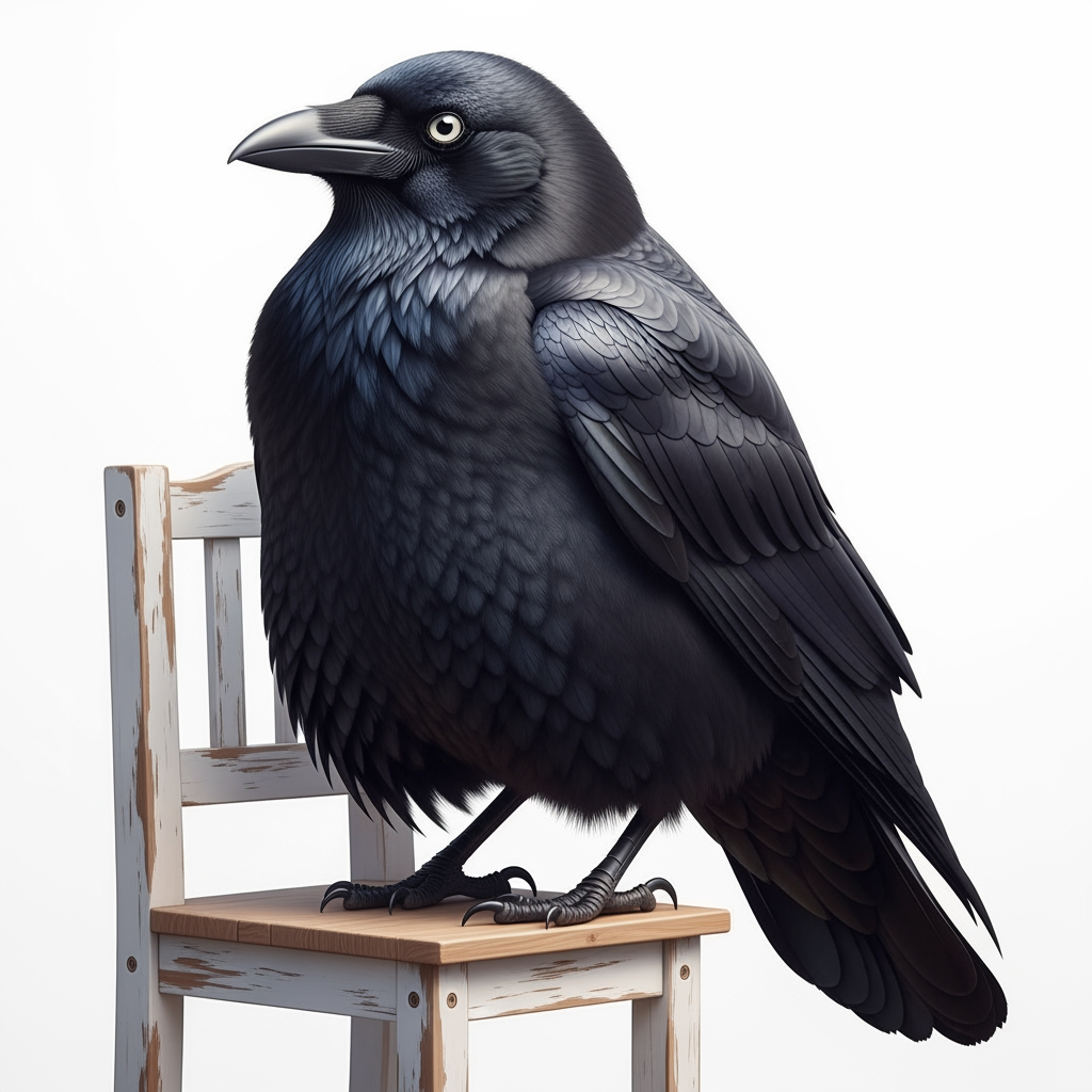 AI Design for hyperrealistic photo of Fat crow with belly rolls sitting on chair white background