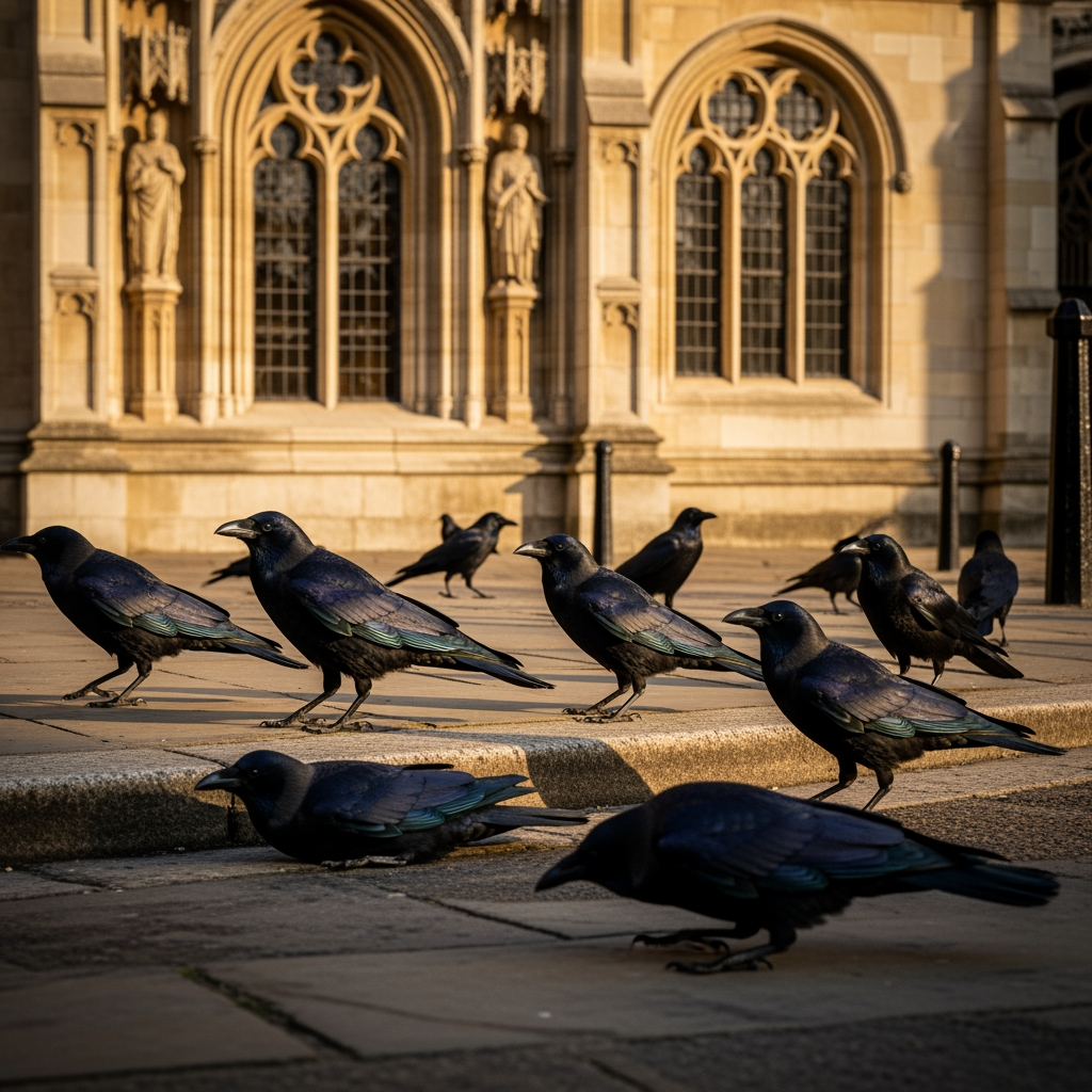 AI Design for photo of many crow with legs chilling infornt of building