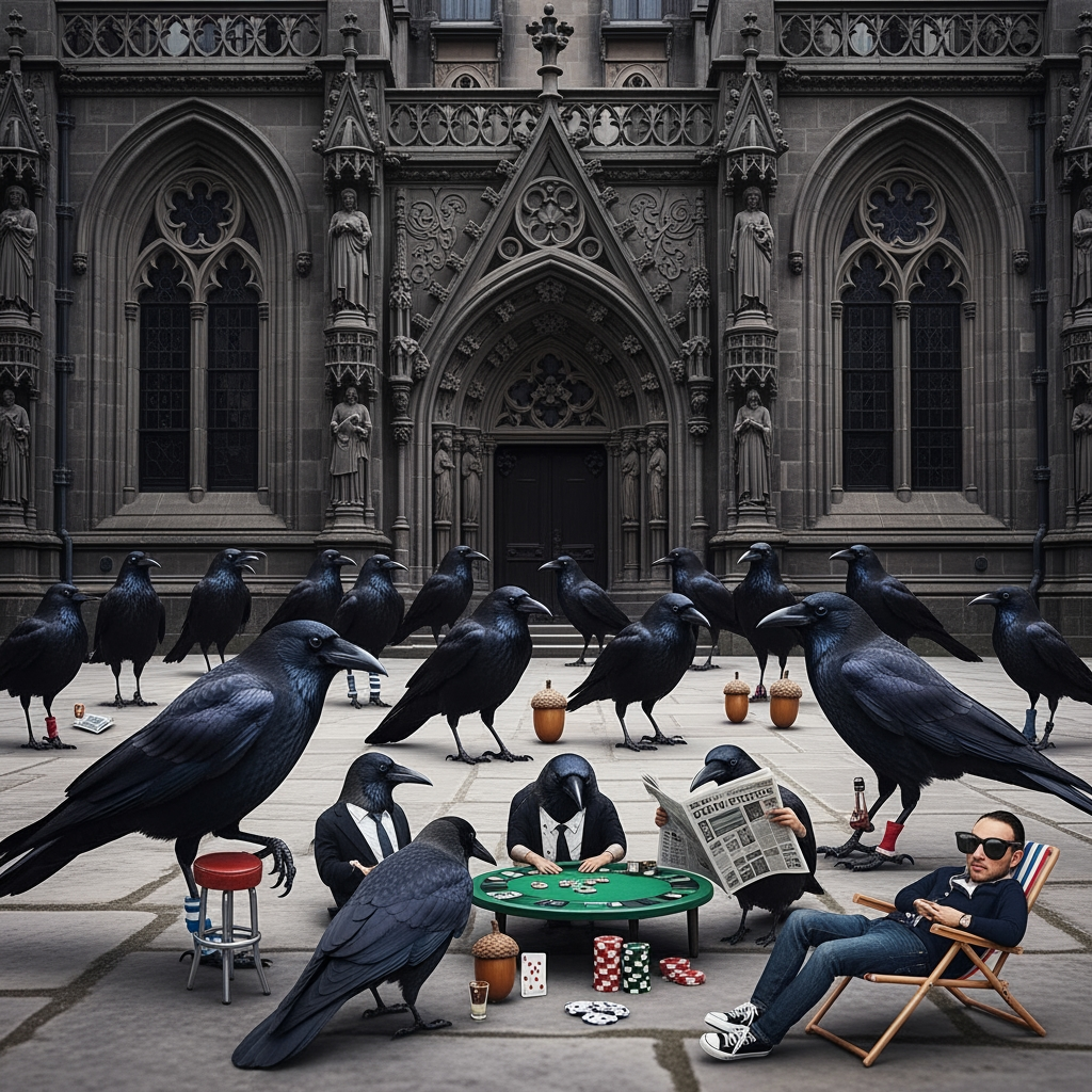 AI Design for photo of many crow with legs chilling infornt of building