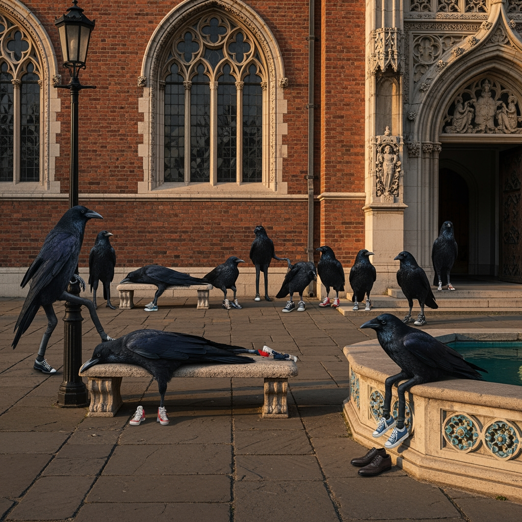 AI Design for photo of many crow with legs chilling infornt of building