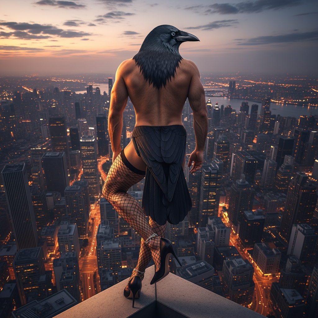 AI Design for crow sitting on buidling with human legs AND TORSO SUPER MASCULINE LEGS WITH FEMININE STYLE OVERLOOKING CITY