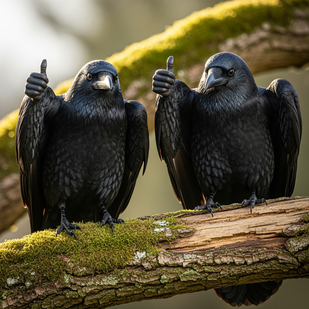 AI Design for photo of 2 crow hyper realistic holding thumbs up,realistic not ai