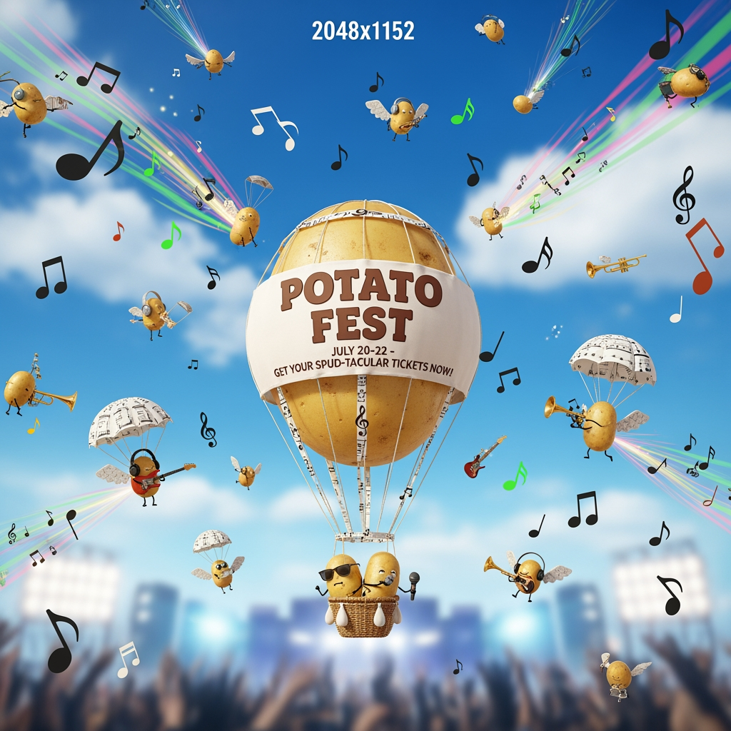 AI Design for 2048×1152 flying music notes and potatos flying advertisment