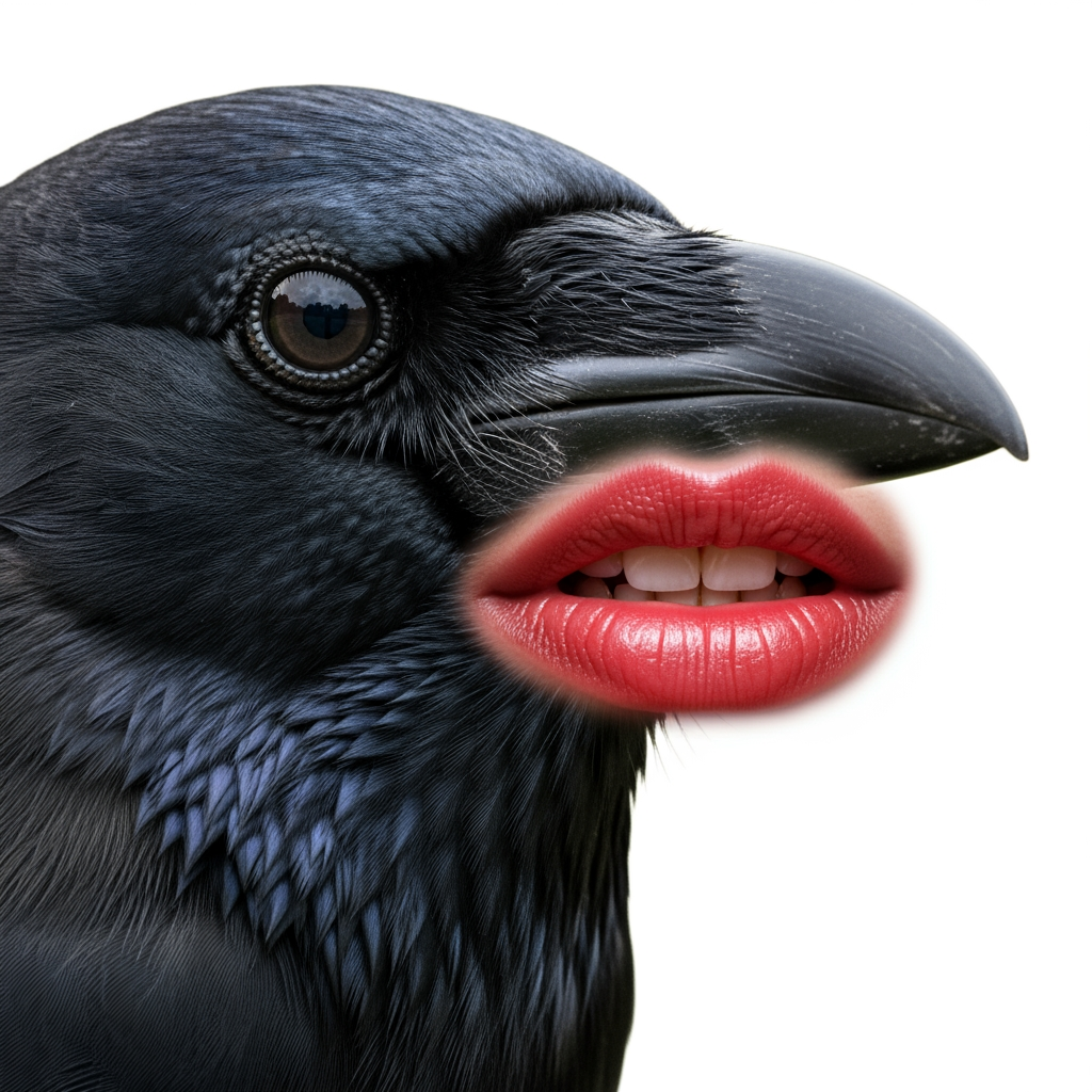AI Design for hyperrealistic photo of crow head with big lips instead of beacon white backgorund