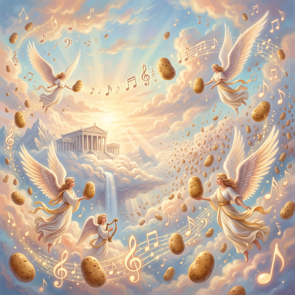 AI Design for music notes and potatos flying tru sky angelic scenary