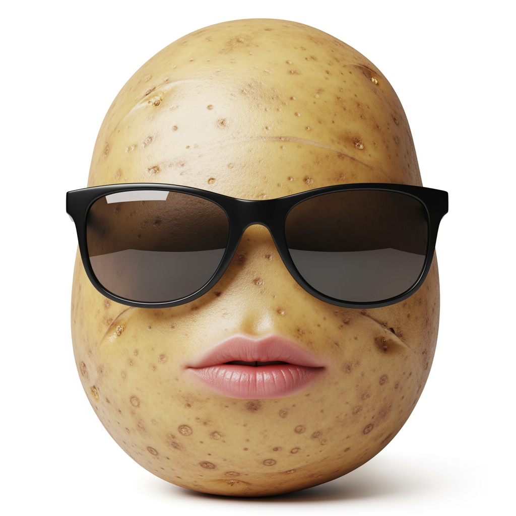 AI Design for hyperealistic photo of potato with sunglasses,neutral facial expressions,white background,big lips,realistic potato