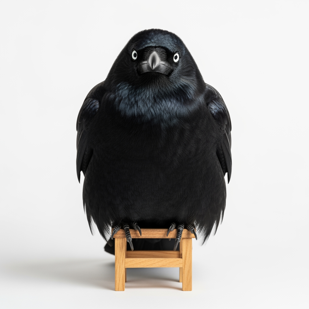 AI Design for hyperrealistic photo of Fat crow with belly rolls sitting on chair white background infornt of camera