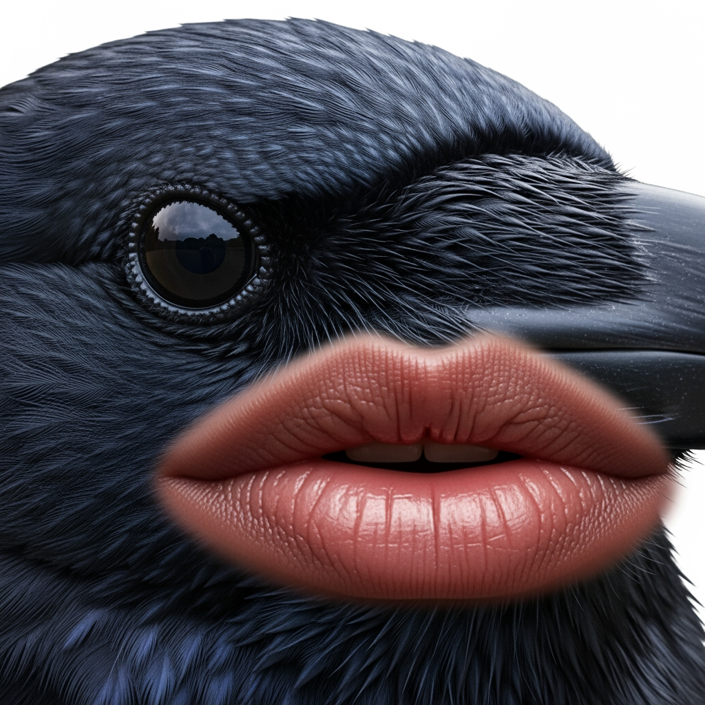 AI Design for hyperrealistic photo of crow head with big lips white backgorund