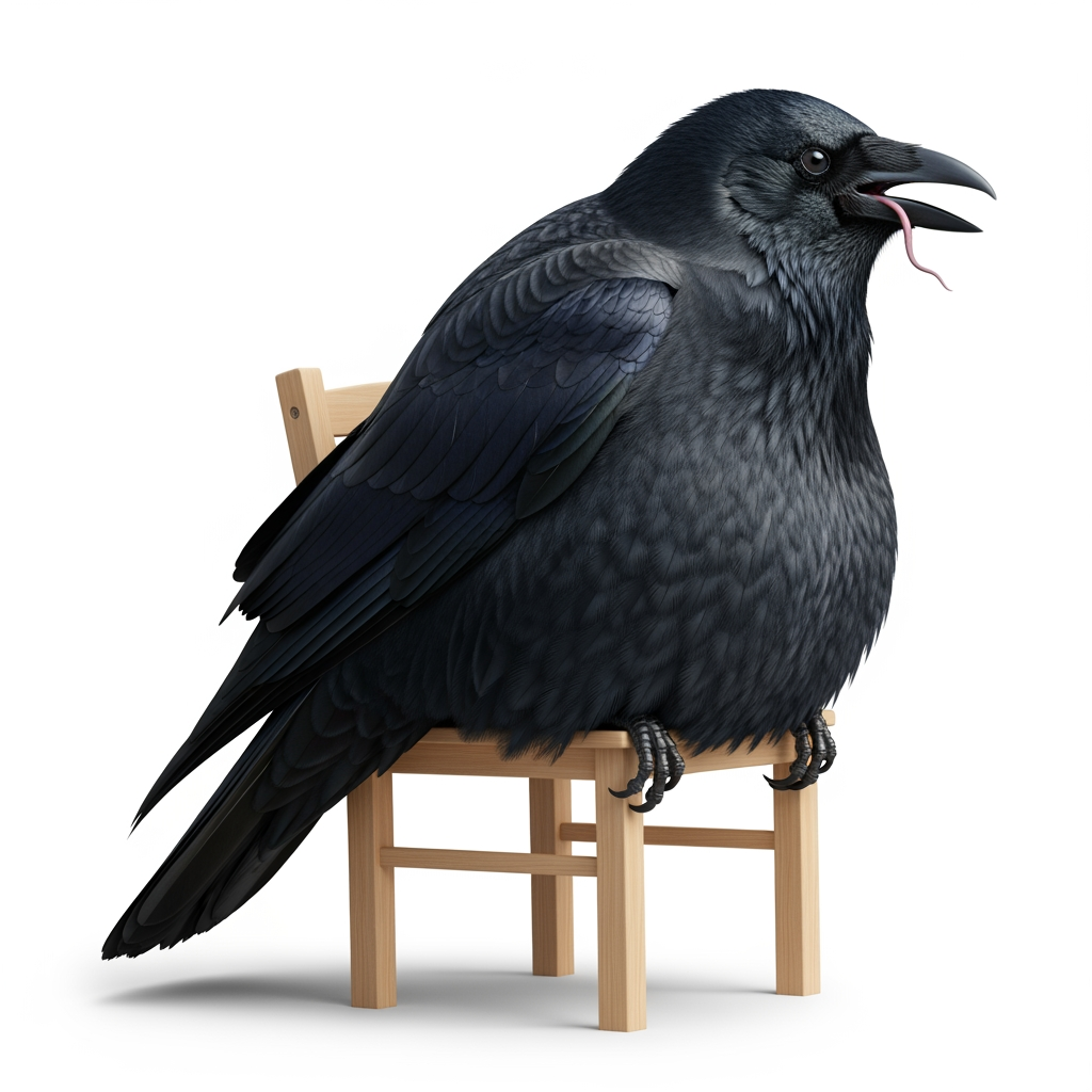 AI Design for hyperrealistic photo of Fat crow with belly rolls sitting on chair white background