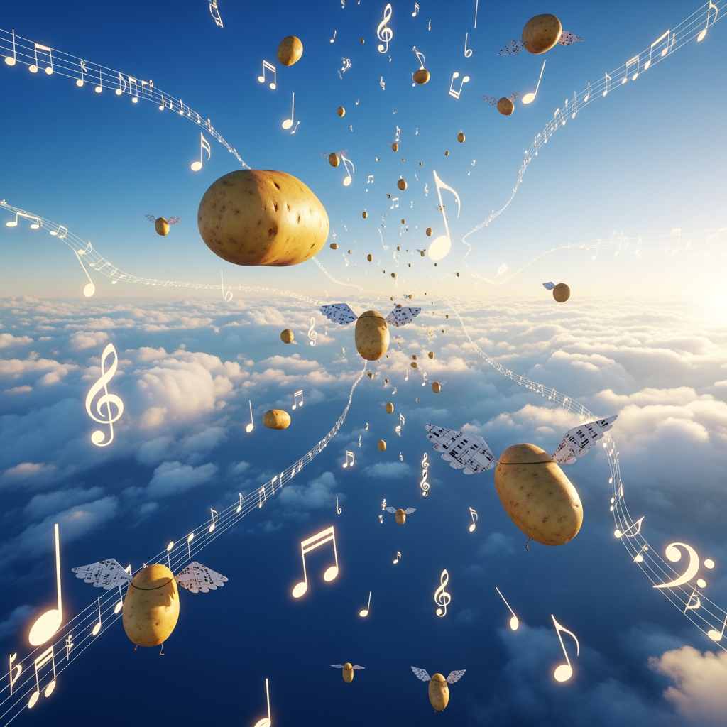 AI Design for 2048×1152 flying music notes and potatos flying