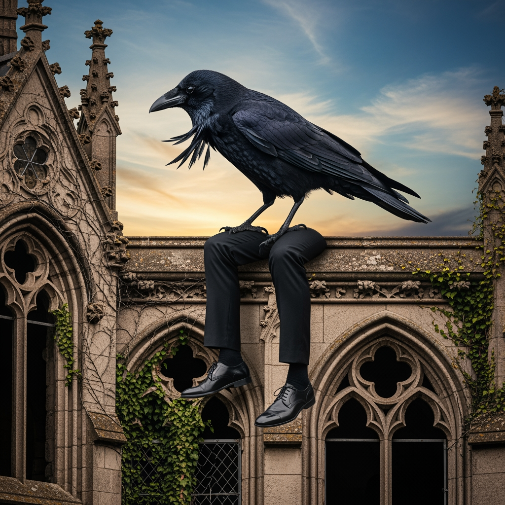 AI Design for crow sitting on buidling with human legs