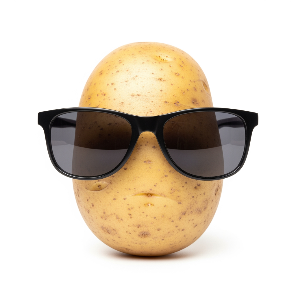 AI Design for hyperealistic photo of potato with sunglasses,neutral facial expressions,white background