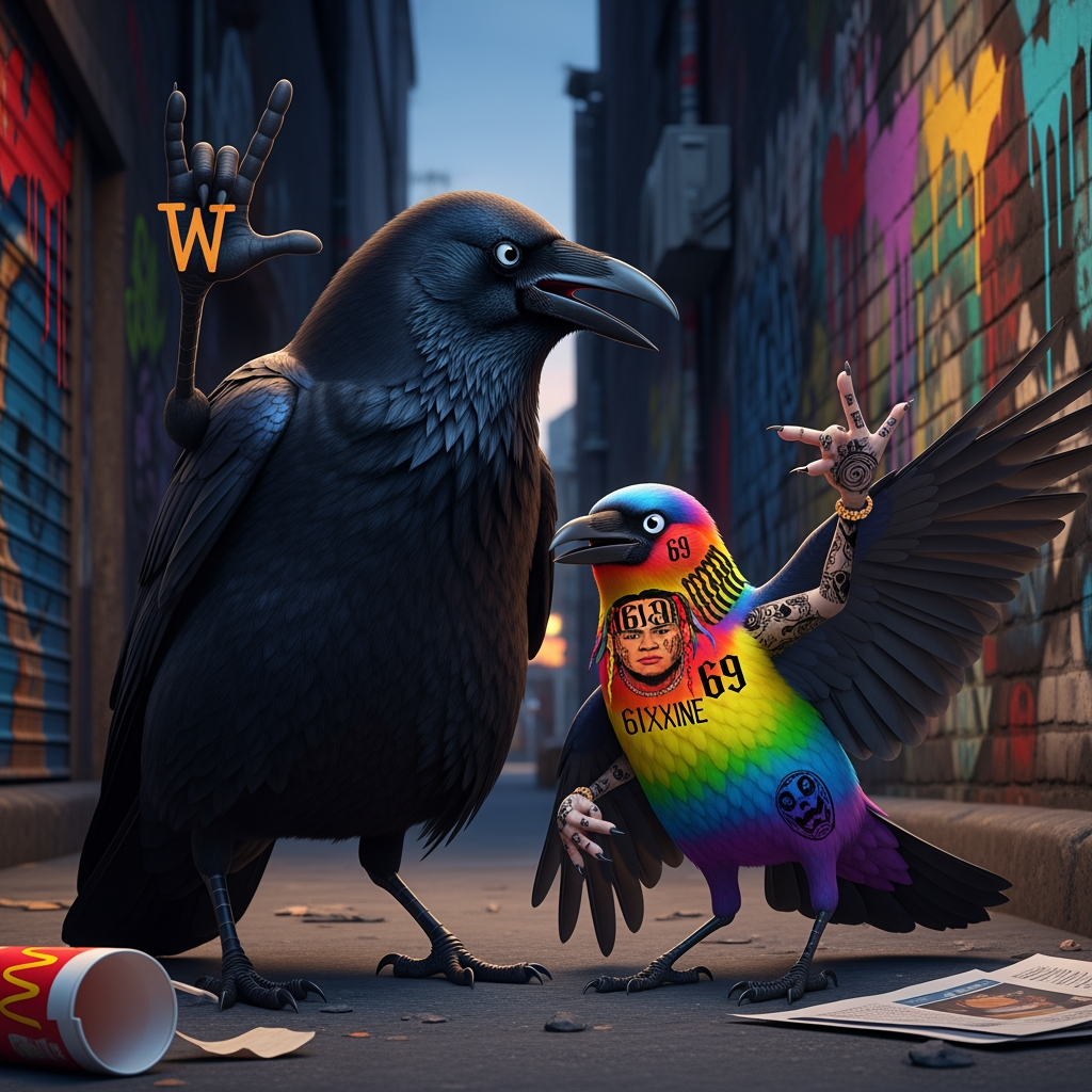 AI Design for photo of 2 crows holding gangs signs one is fat and other one is in 69tekashi vibes