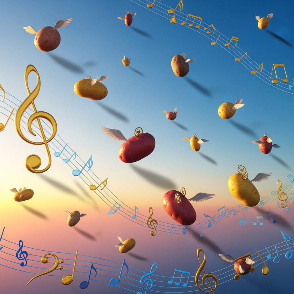 AI Design for 2048×1152 flying music notes and potatos flying