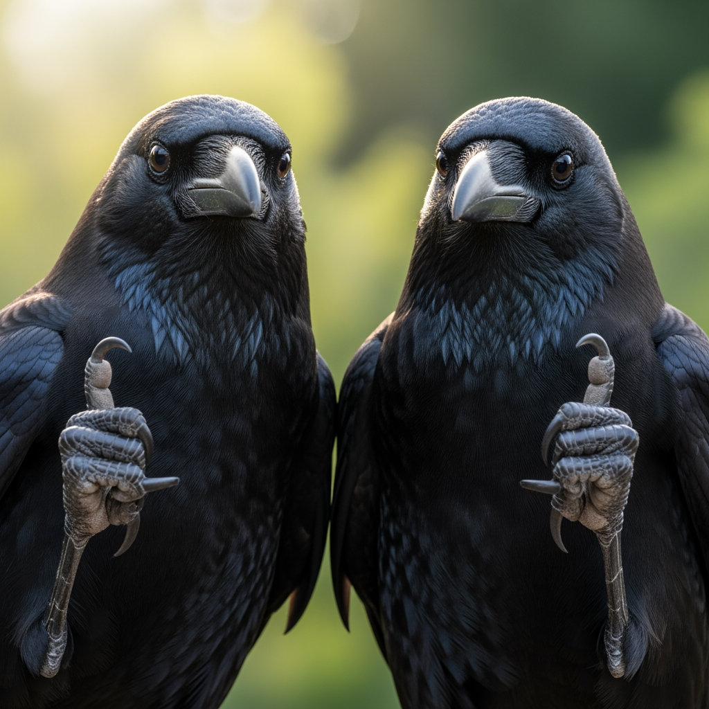AI Design for photo of 2 crow hyper realistic holding thumbs up