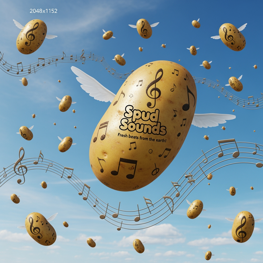 AI Design for 2048×1152 flying music notes and potatos flying advertisment