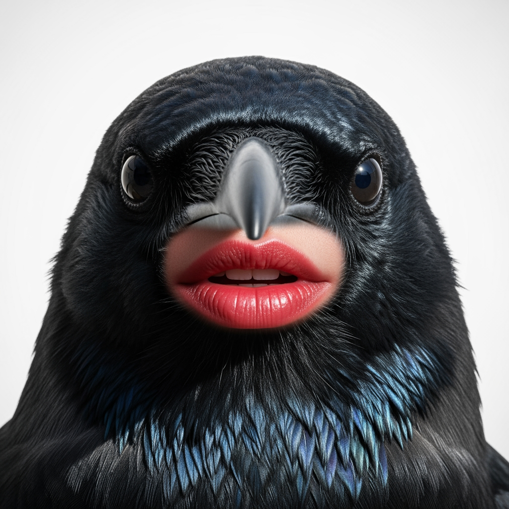 AI Design for hyperrealistic photo of crow head with big lips instead of beacon white backgorund