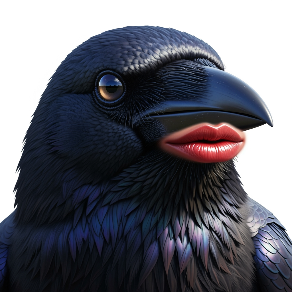 AI Design for hyperrealistic photo of crow head with big lips white backgorund